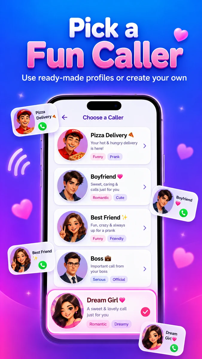 Choose from ready-made fictional caller profiles